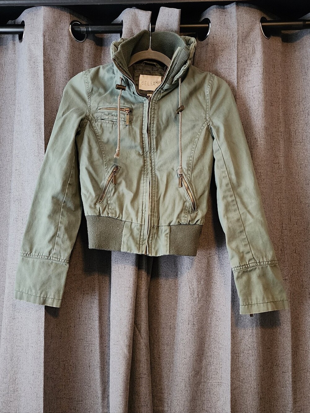 Vintage dELiA*s Y2K Olive Green Cropped Utility Bomber Jacket Hooded Size XS
